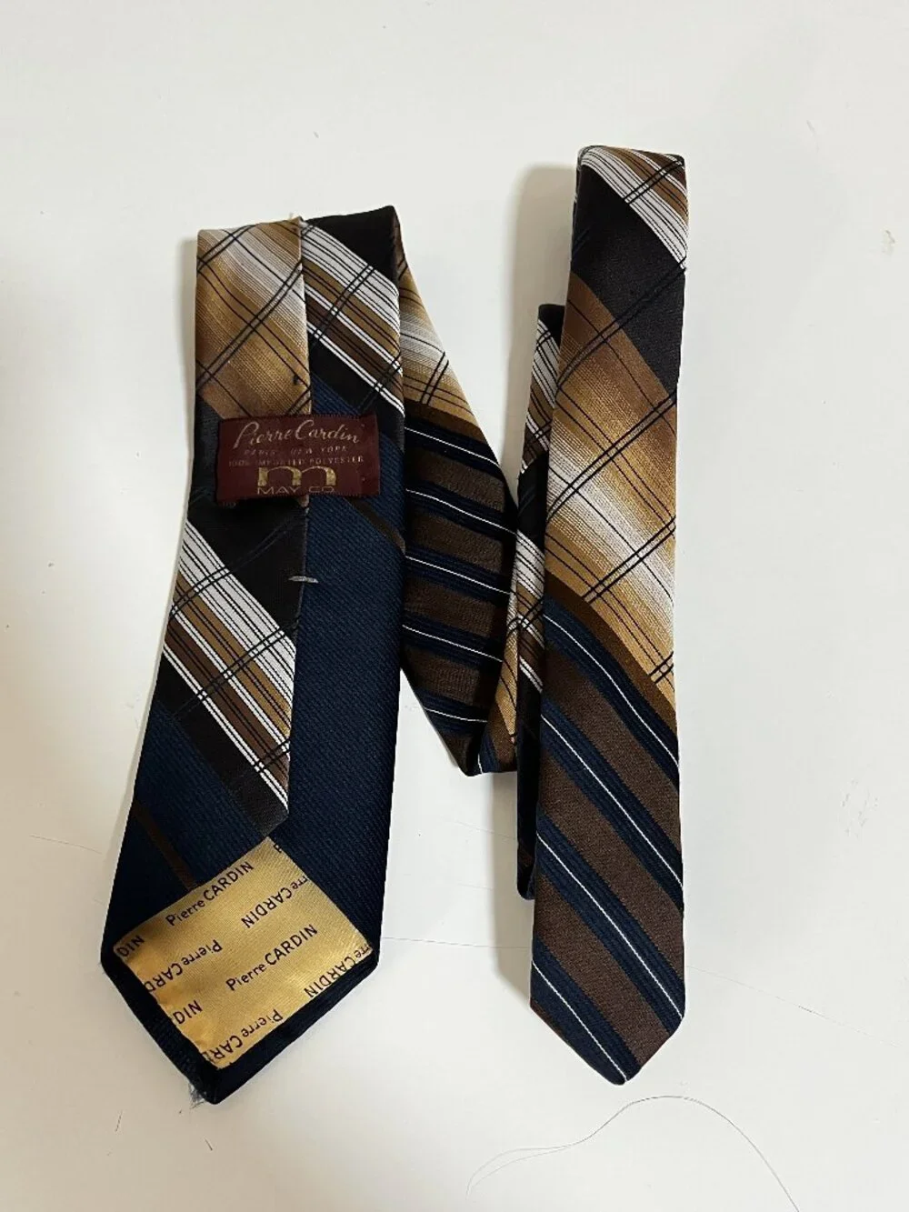 VTG PIERRE CARDIN Paris NEW YORK Blue/Brown Plaid & Striped MEN'S TIE-Preowned